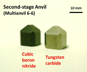 Second-stage anvils for a multianvil 6-6 assembly. A cubic boron nitride anvil is transparent for synchrotron X-ray (Kawazoe et al., 2011).